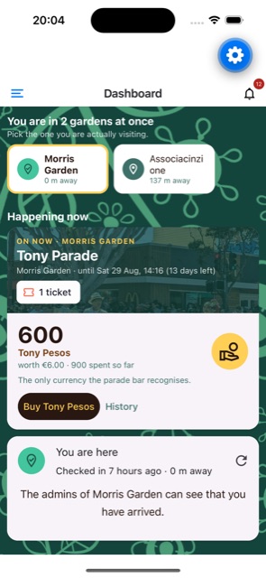 The homepage while checked in at a garden